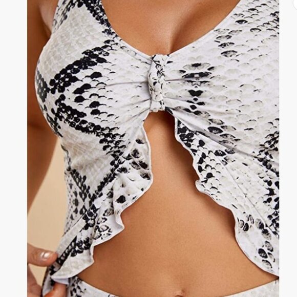 High Waisted Flounce Sexy Tie Front Lace up Retro Bikini, Snakeskin / Small - Picture 6 of 9